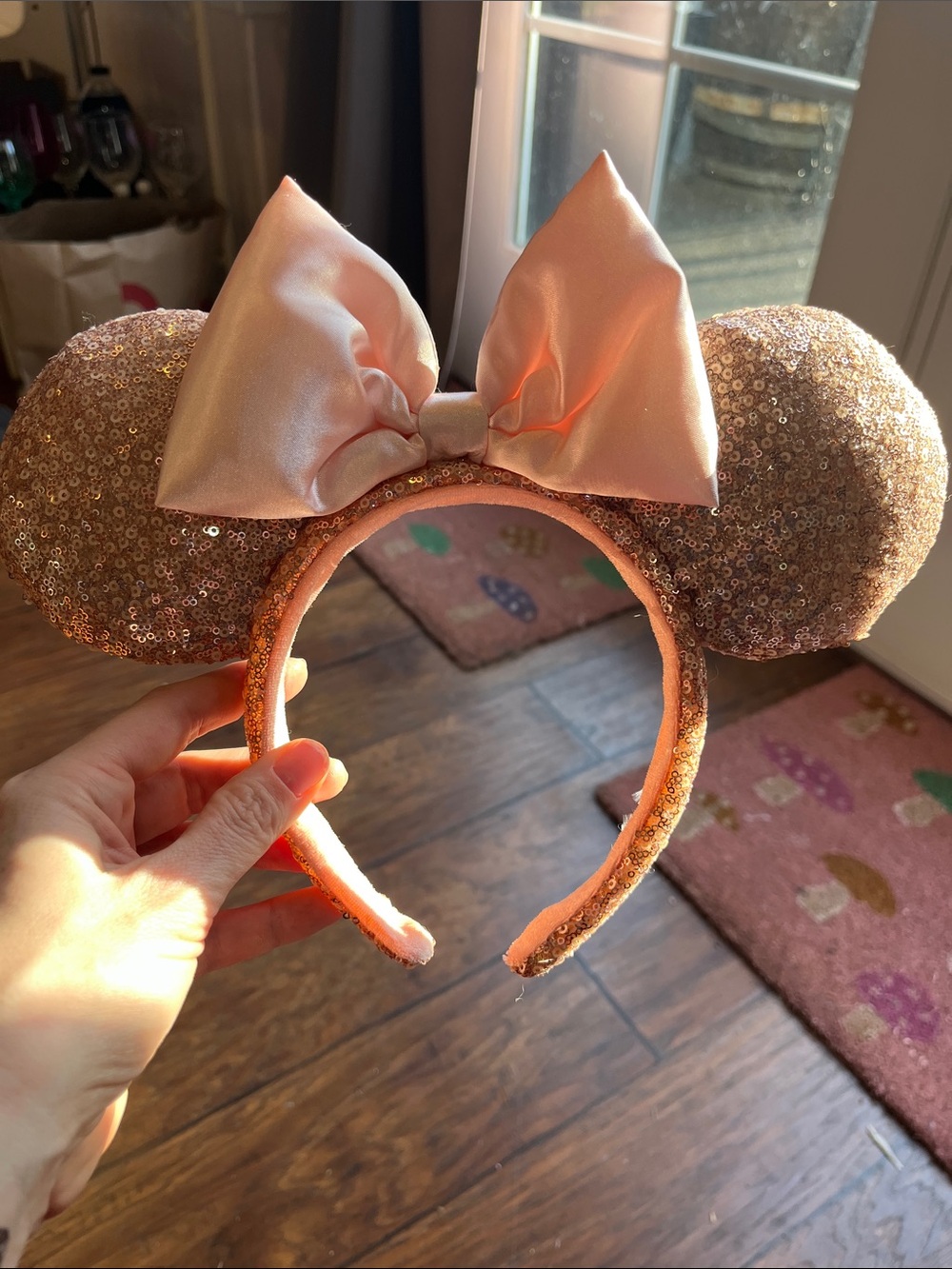 Rose Gold Sequin Minnie Ears Headband with Satin Bow